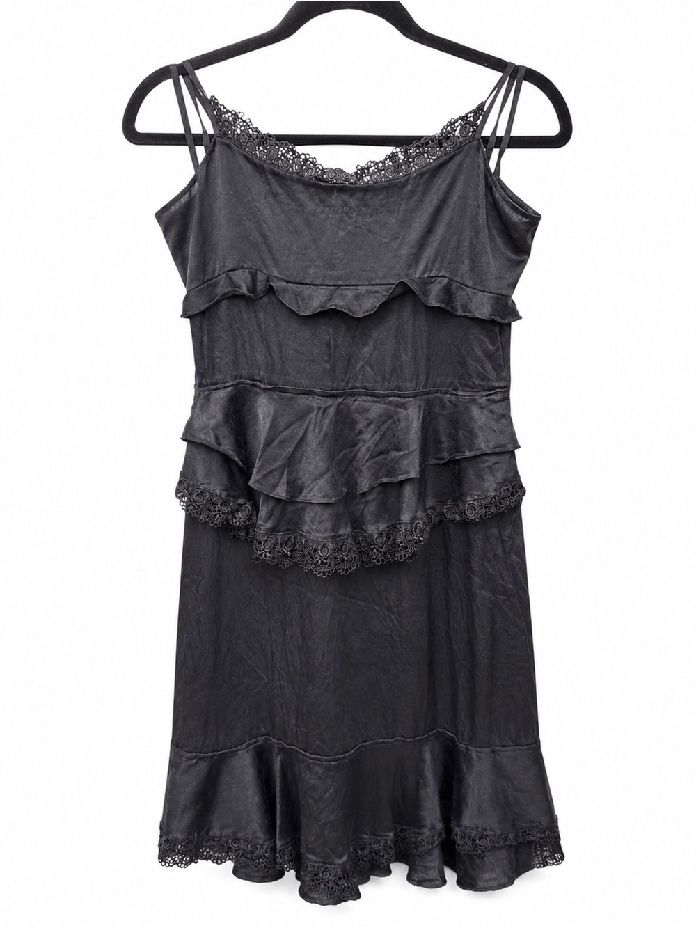 Betsey Johnson Black Lace-Trim Ruffled Slip Mini Dress
